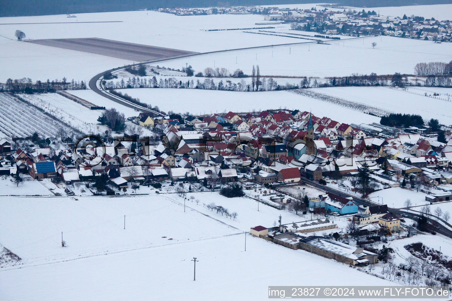 Im Winter bei Schnee von Süden in Erlenbach bei Kandel im Bundesland Rheinland-Pfalz, Deutschland