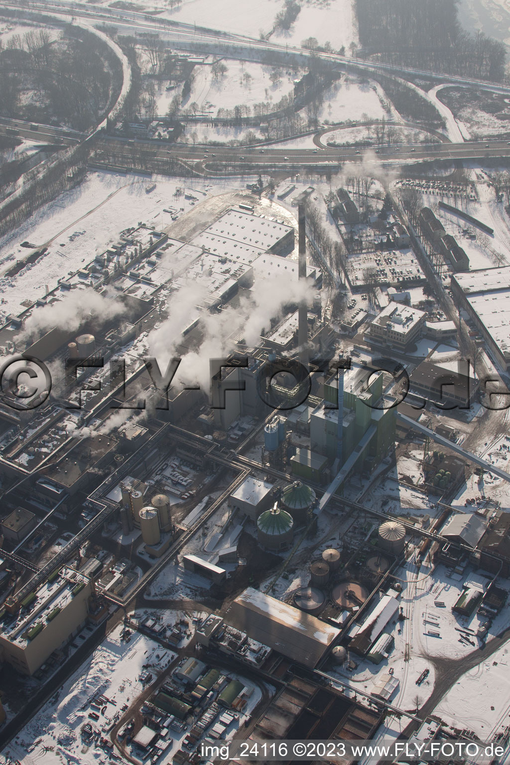 Luftaufnahme von Maxau, Stora Enso Papierfabrik im Winter im Ortsteil Knielingen in Karlsruhe im Bundesland Baden-Württemberg, Deutschland