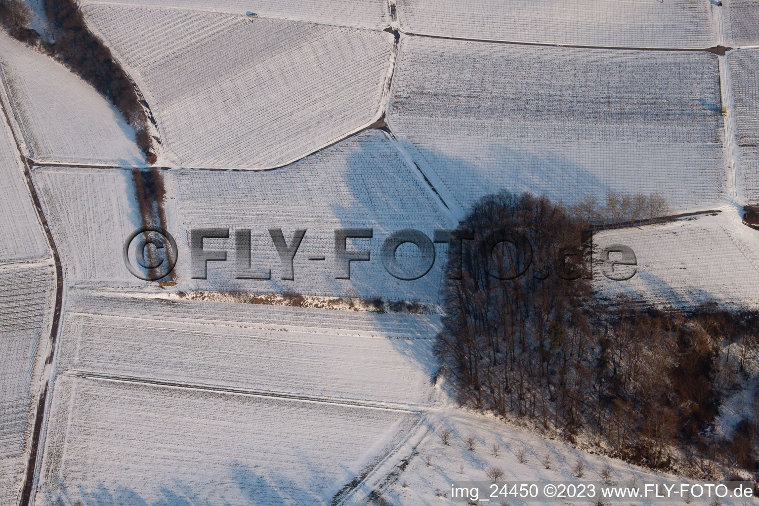 Luftaufnahme von Im Winter im Ortsteil Klingen in Heuchelheim-Klingen im Bundesland Rheinland-Pfalz, Deutschland