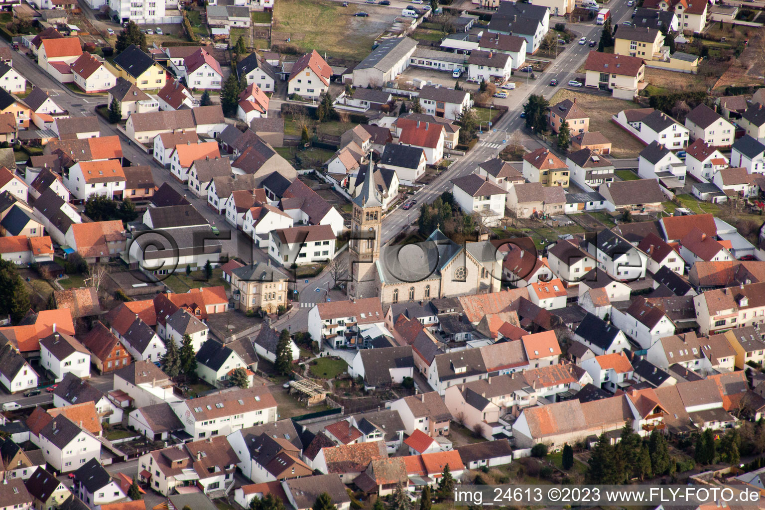 Luftbild von St. Sebastian im Ortsteil Neuthard in Karlsdorf-Neuthard im Bundesland Baden-Württemberg, Deutschland