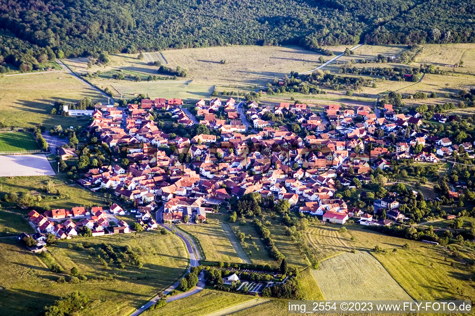 Luftbild von Dorf - Ansicht am Rande von landwirtschaftlichen Feldern und Nutzflächen im Ortsteil Büchelberg in Wörth am Rhein im Bundesland Rheinland-Pfalz, Deutschland