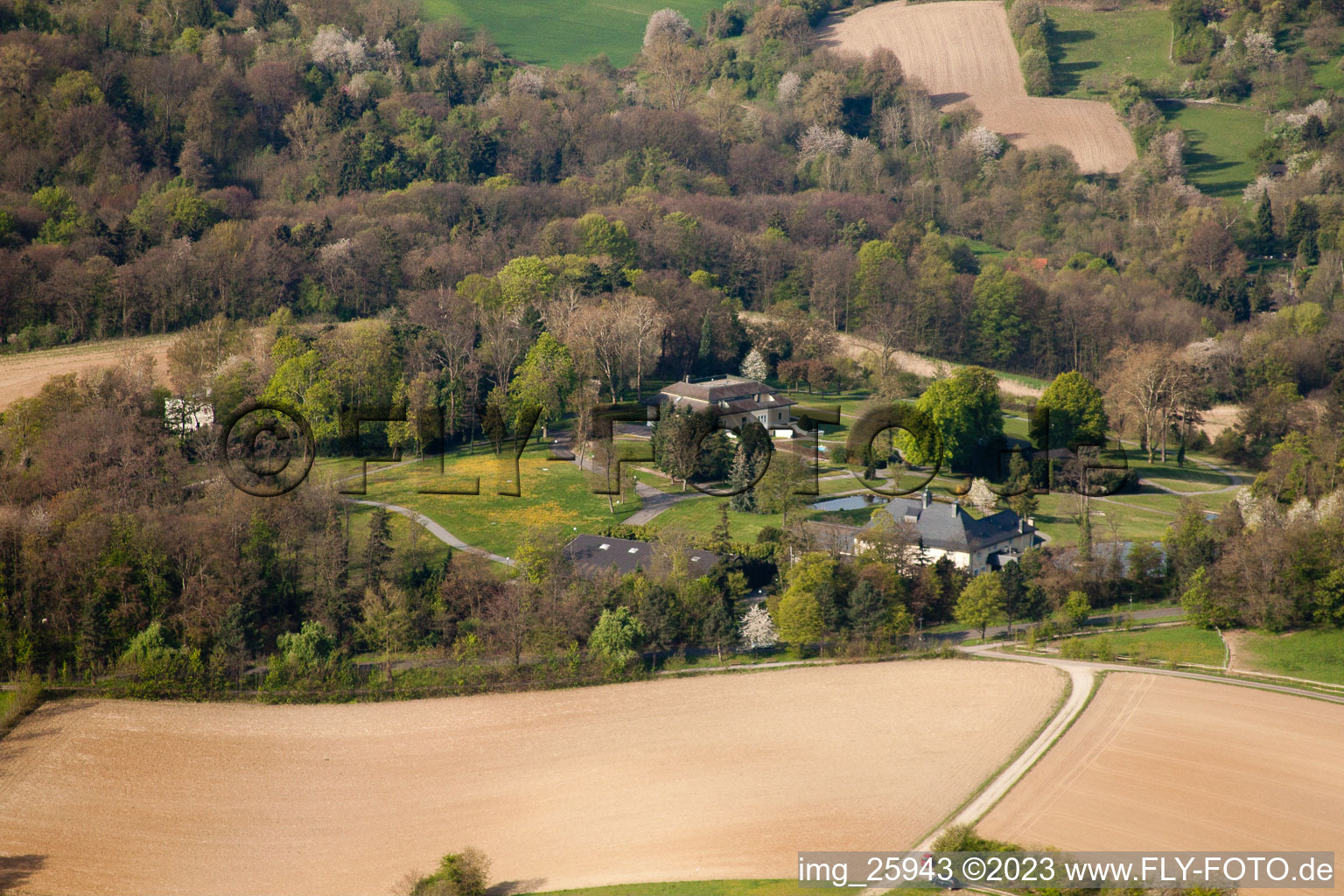Durlach, ehemalige Schmieder-Villa in Karlsruhe im Bundesland Baden-Württemberg, Deutschland von oben gesehen