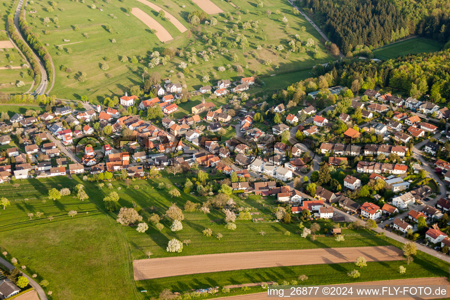 Luftbild von Dorf - Ansicht am Rande von landwirtschaftlichen Feldern und Nutzflächen in Schluttenbach in Ettlingen im Bundesland Baden-Württemberg, Deutschland