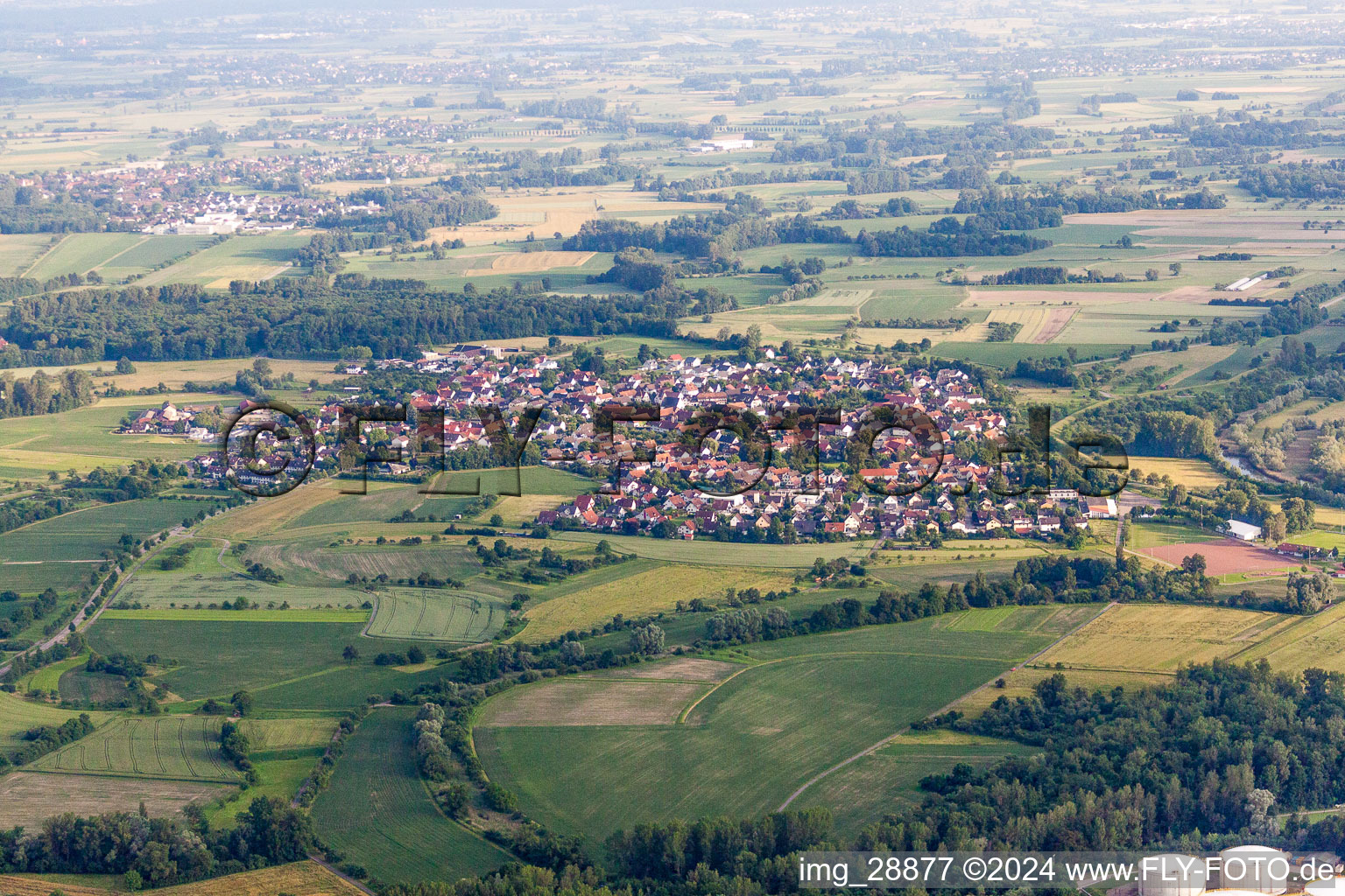 Dorf - Ansicht am Rande von landwirtschaftlichen Feldern und Nutzflächen im Ortsteil Leutesheim in Kehl im Bundesland Baden-Württemberg, Deutschland
