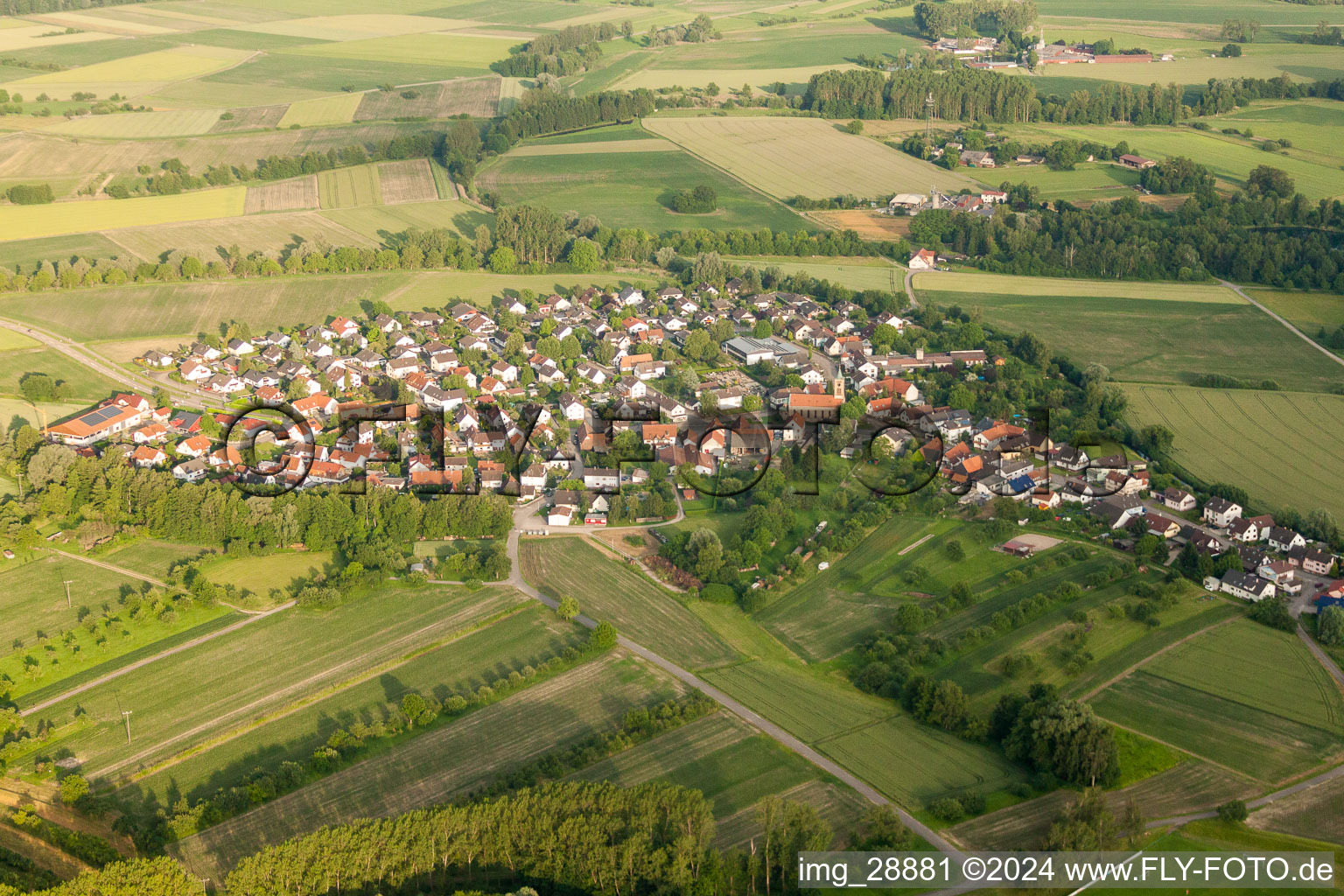 Dorf - Ansicht am Rande von landwirtschaftlichen Feldern und Nutzflächen im Ortsteil Honau in Rheinau im Bundesland Baden-Württemberg, Deutschland
