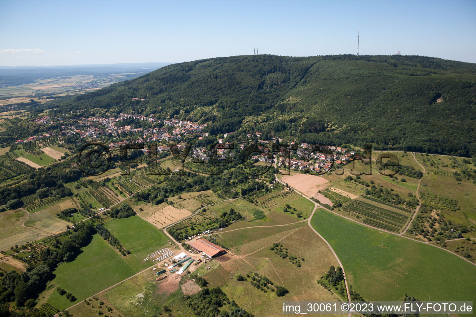 Schrägluftbild von Dannenfels am Donnersberg im Bundesland Rheinland-Pfalz, Deutschland