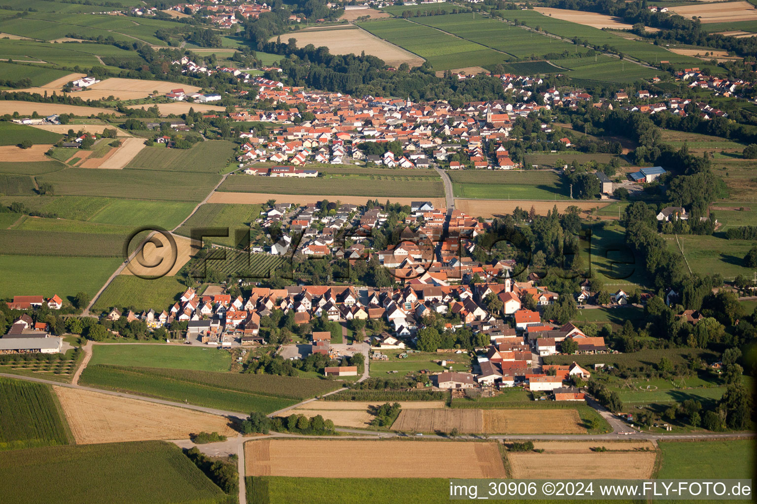 Luftaufnahme von Ortsansicht der Straßen und Häuser der Wohngebiete im Ortsteil Mühlhofen in Billigheim-Ingenheim im Bundesland Rheinland-Pfalz, Deutschland