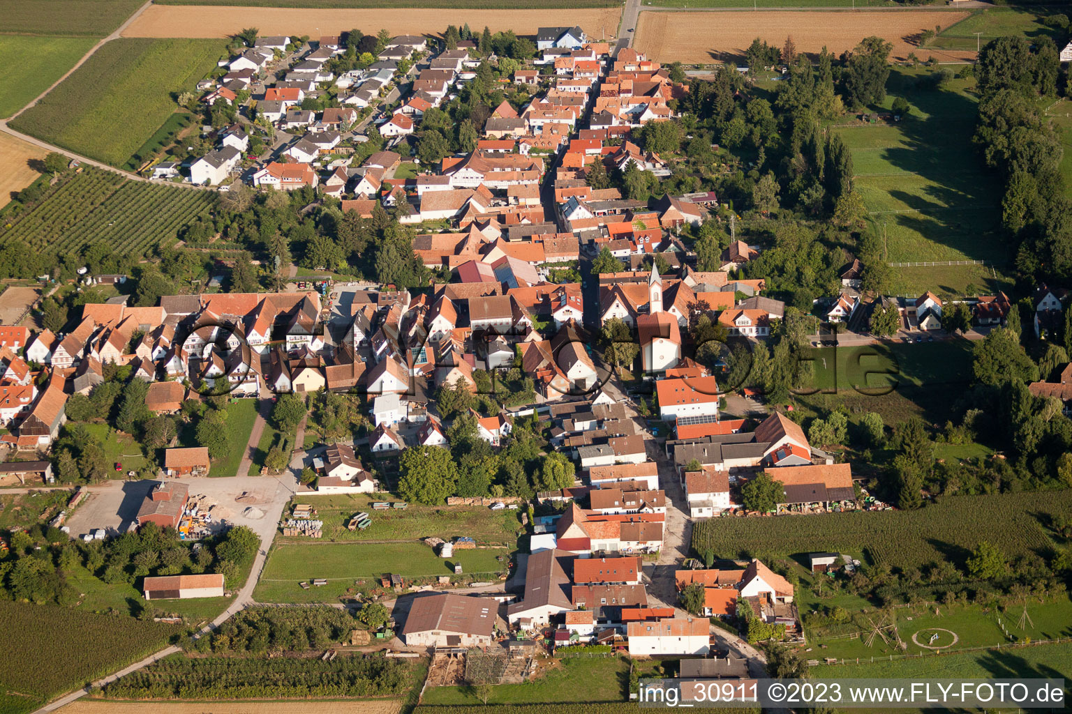 Ortsteil Mühlhofen in Billigheim-Ingenheim im Bundesland Rheinland-Pfalz, Deutschland aus der Vogelperspektive