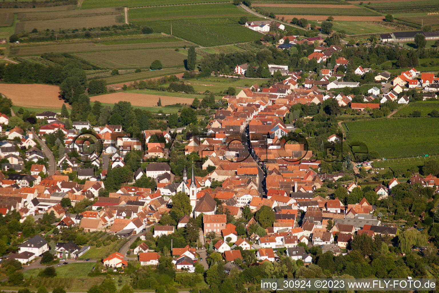 Göcklingen im Bundesland Rheinland-Pfalz, Deutschland aus der Drohnenperspektive