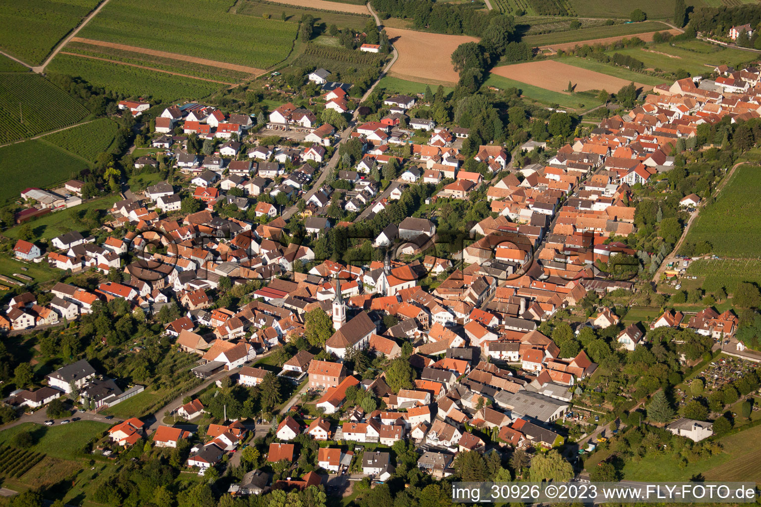 Göcklingen im Bundesland Rheinland-Pfalz, Deutschland von der Drohne aus gesehen