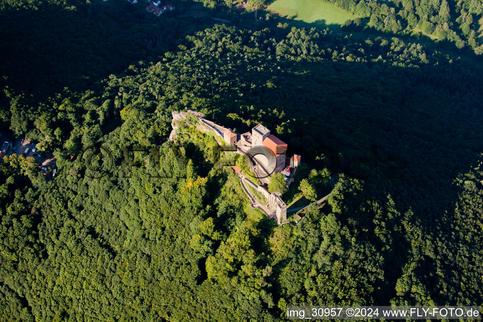 Luftbild von Vom Wald umgebende Burganlage der Reichsburg Trifels in Annweiler am Trifels im Bundesland Rheinland-Pfalz, Deutschland