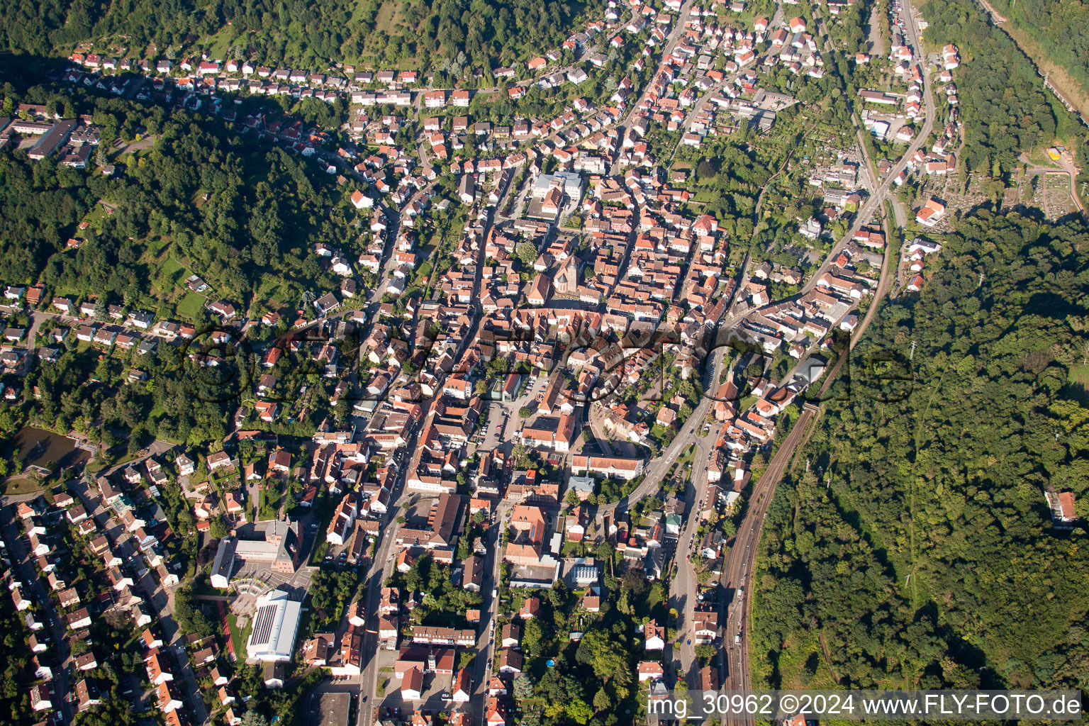 Luftaufnahme von Ortsansicht der Straßen und Häuser der Wohngebiete in Annweiler am Trifels im Bundesland Rheinland-Pfalz, Deutschland