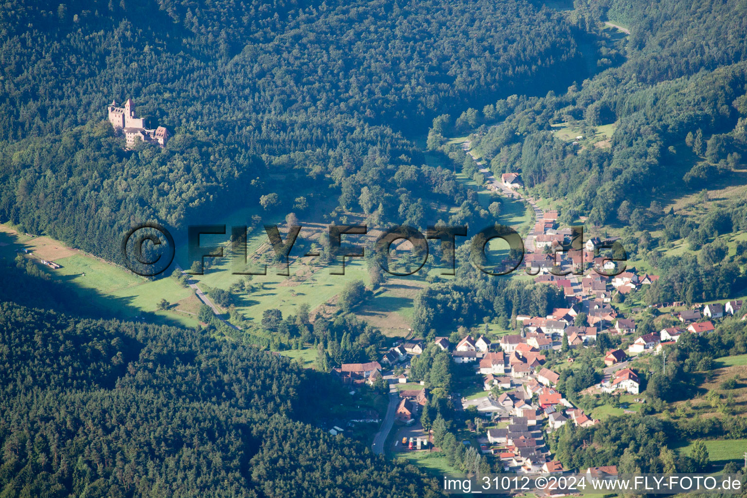 Luftbild von Erlenbach bei Dahn, Burg Berwartstein im Bundesland Rheinland-Pfalz, Deutschland