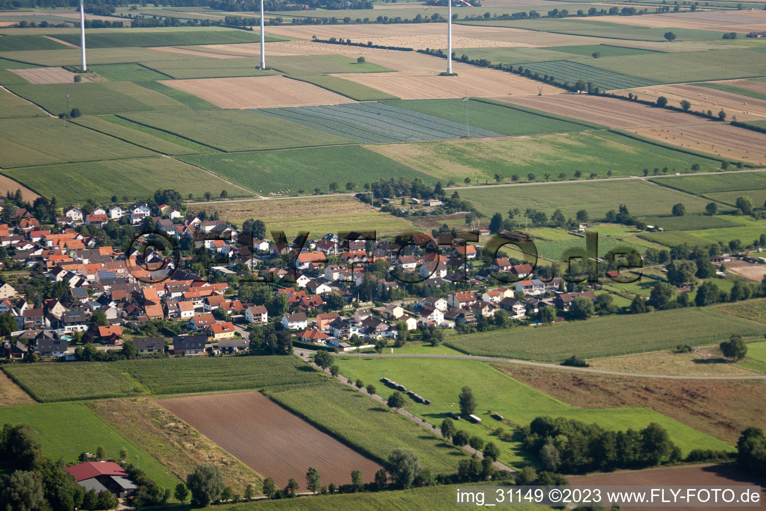 Schrägluftbild von Minfeld von Süden im Bundesland Rheinland-Pfalz, Deutschland