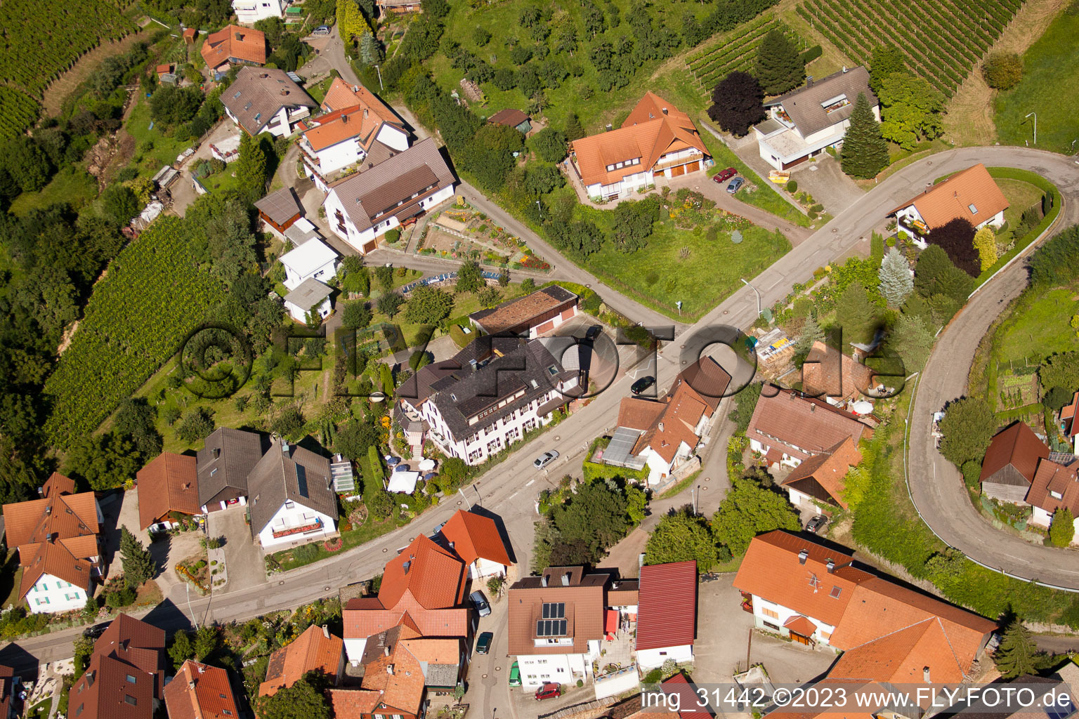 Luftaufnahme von Hotel Restaurant Rebstock im Ortsteil Riegel in Bühl im Bundesland Baden-Württemberg, Deutschland