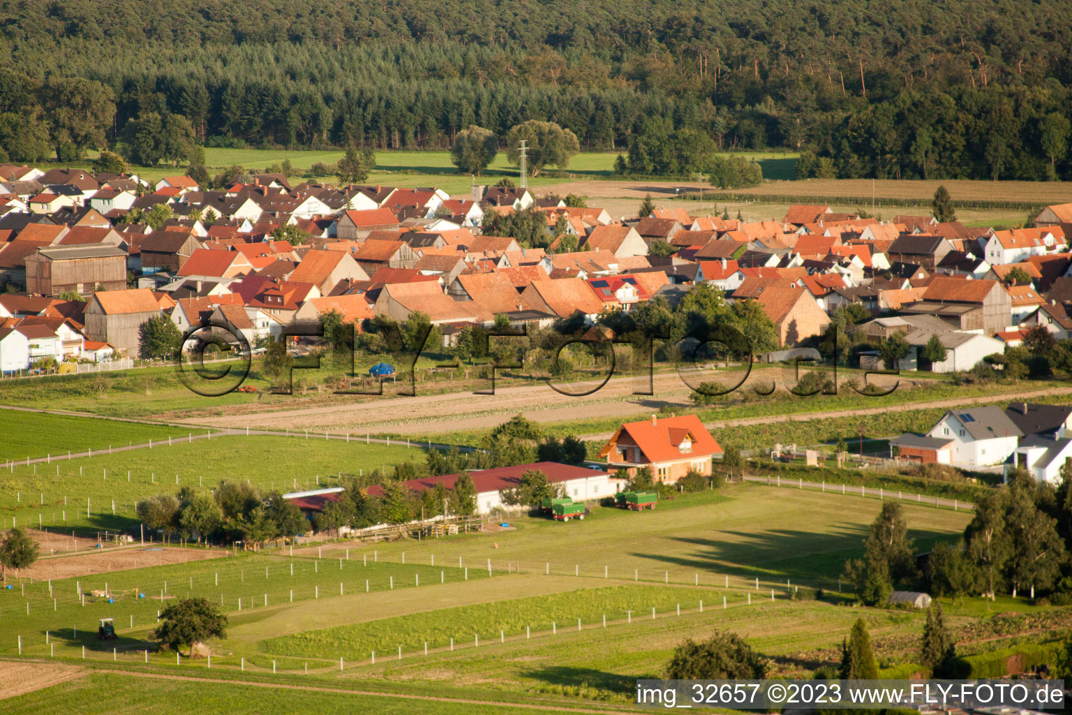 Luftaufnahme von Hatzenbühl. Aussiedlerhöfe im Bundesland Rheinland-Pfalz, Deutschland