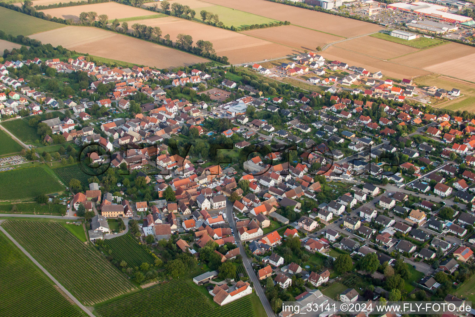 Dorf - Ansicht am Rande von landwirtschaftlichen Feldern und Nutzflächen in Bornheim im Bundesland Rheinland-Pfalz, Deutschland