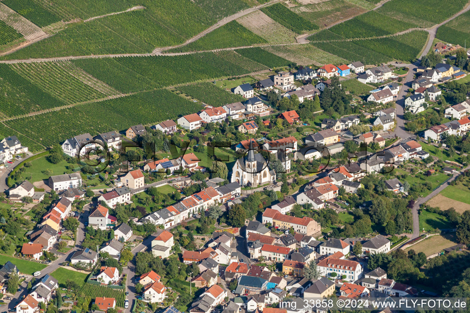 Dorf - Ansicht am Rande von Weinbergen über der Saar in Ockfen im Bundesland Rheinland-Pfalz, Deutschland
