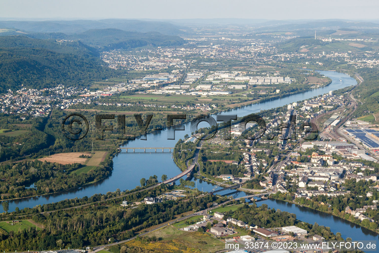Luftbild von Konz, Saarmündung in die Mosel im Bundesland Rheinland-Pfalz, Deutschland