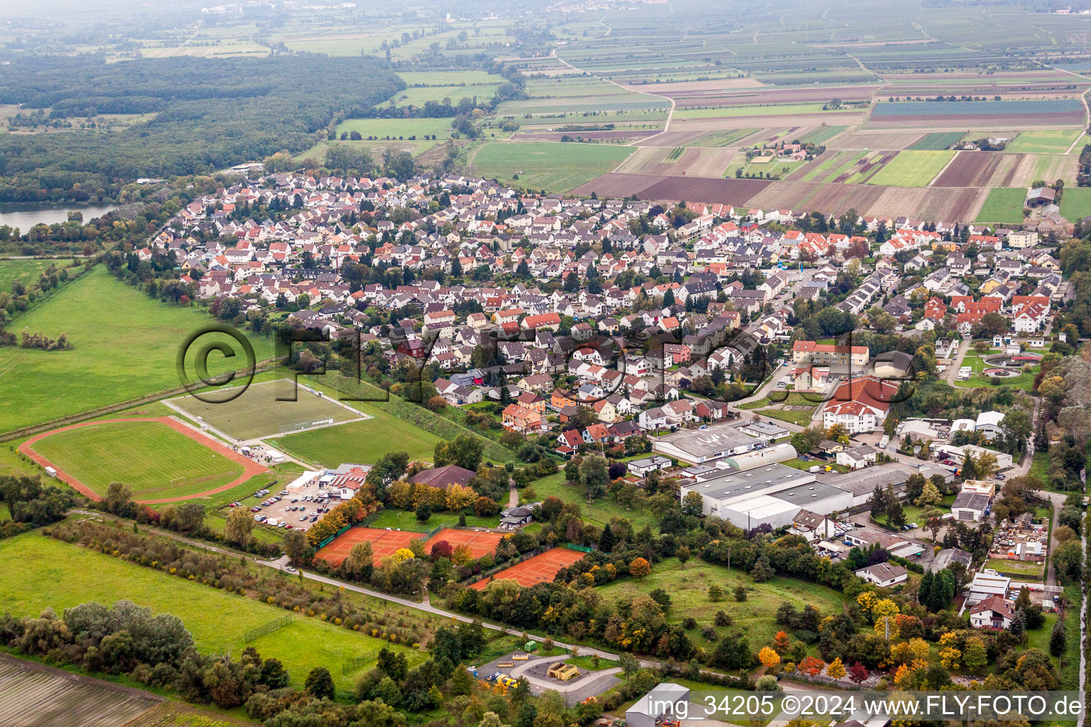 Dorf - Ansicht am Rande von landwirtschaftlichen Feldern und Nutzflächen in Lambsheim im Bundesland Rheinland-Pfalz, Deutschland