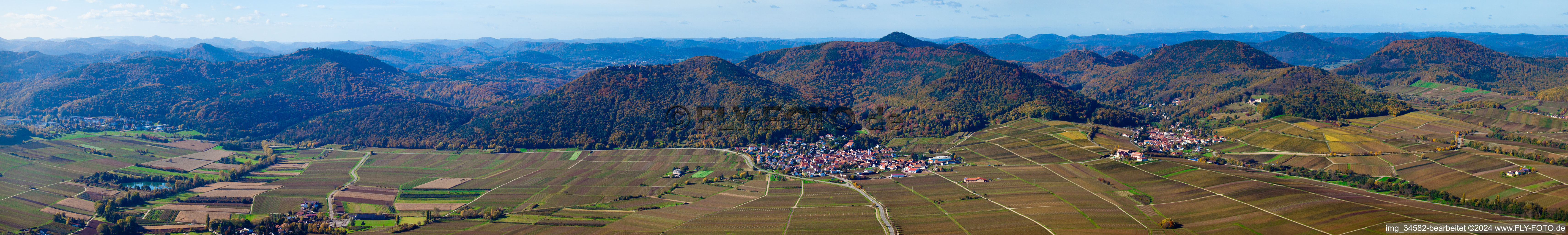 Luftbild von Panorama Perspektive der Wald und Berglandschaft des Haardtrands des Pfälzerwaldes in Eschbach im Bundesland Rheinland-Pfalz, Deutschland