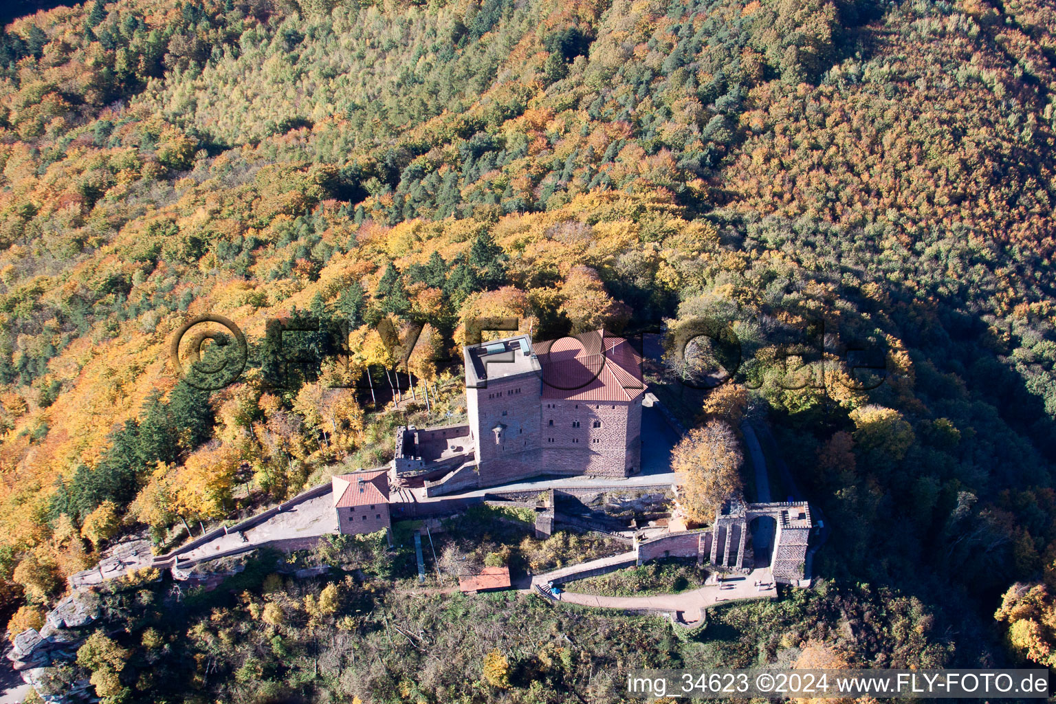 Luftaufnahme von Vom Wald umgebende Burganlage der Reichsburg Trifels in Annweiler am Trifels im Bundesland Rheinland-Pfalz, Deutschland