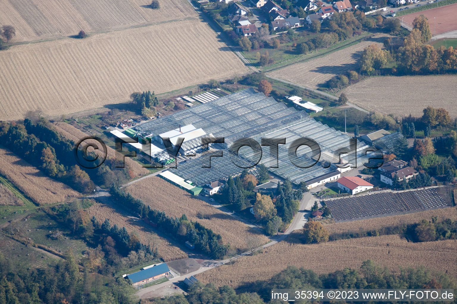 Hagenbach, Geranien Endisch GmbH im Bundesland Rheinland-Pfalz, Deutschland von einer Drohne aus