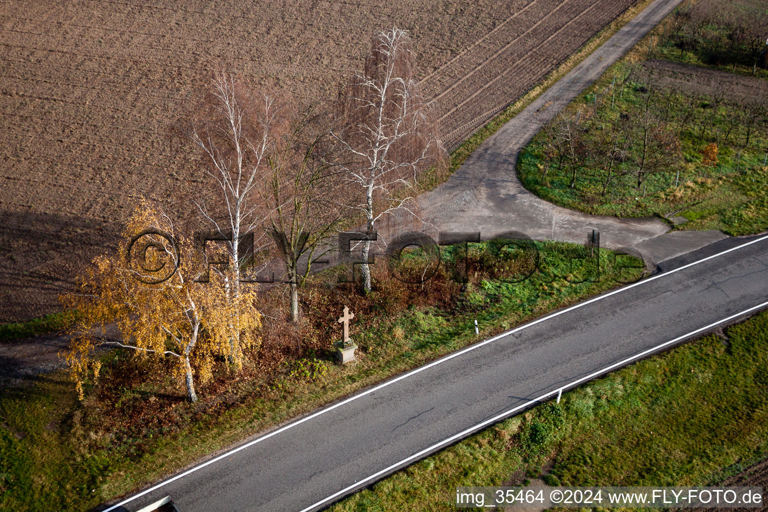 Baumreihe und Flurkreuz an einer Landstraße an einem Feldrand in Hatzenbühl im Bundesland Rheinland-Pfalz, Deutschland