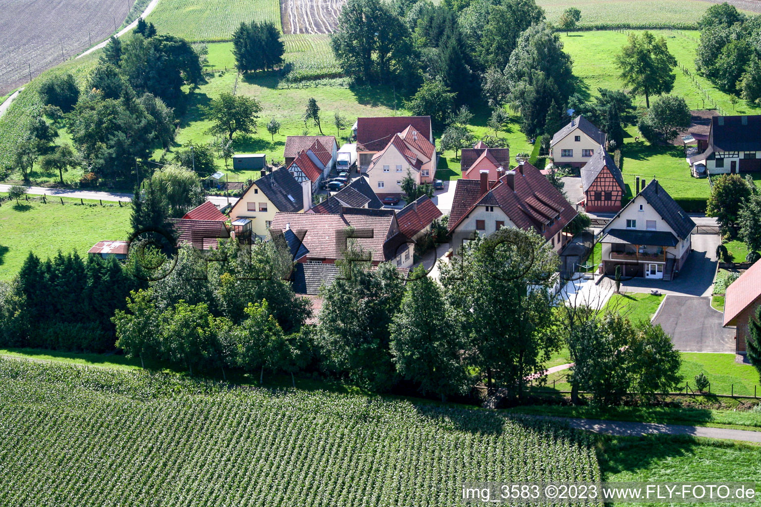 Niederlauterbach(Elsass) im Bundesland Bas-Rhin, Frankreich aus der Drohnenperspektive