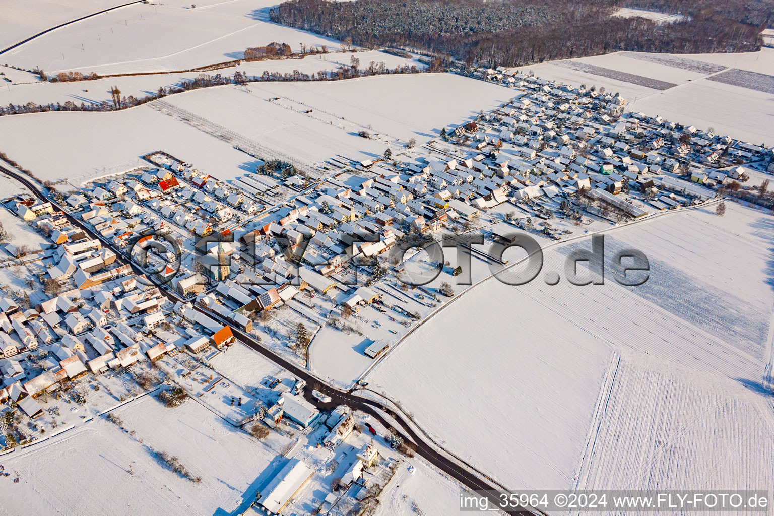 Luftaufnahme von Von Südwesten im Winter bei Schnee in Erlenbach bei Kandel im Bundesland Rheinland-Pfalz, Deutschland