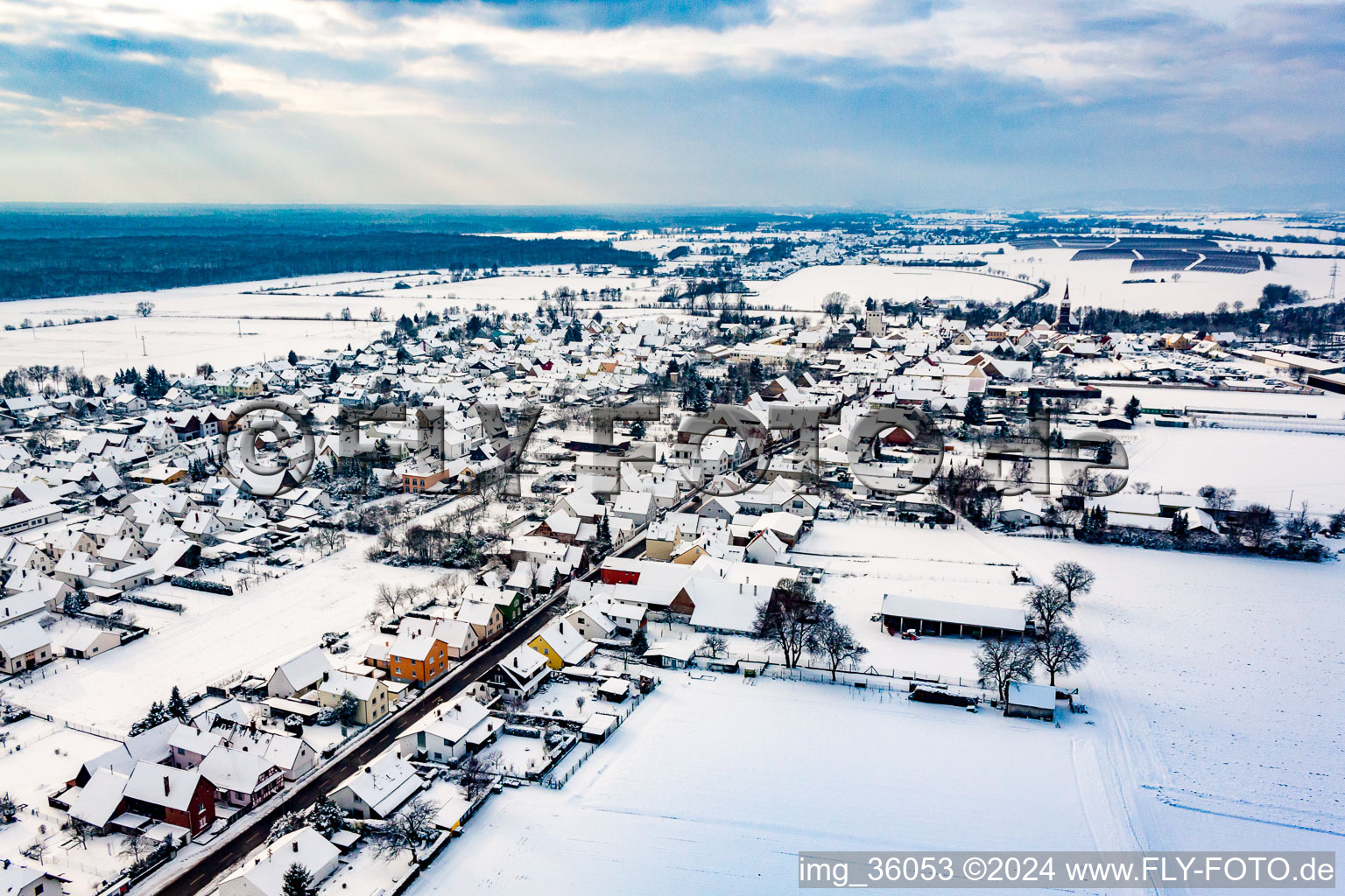 Luftbild von Im Winter bei Schnee in Minfeld im Bundesland Rheinland-Pfalz, Deutschland