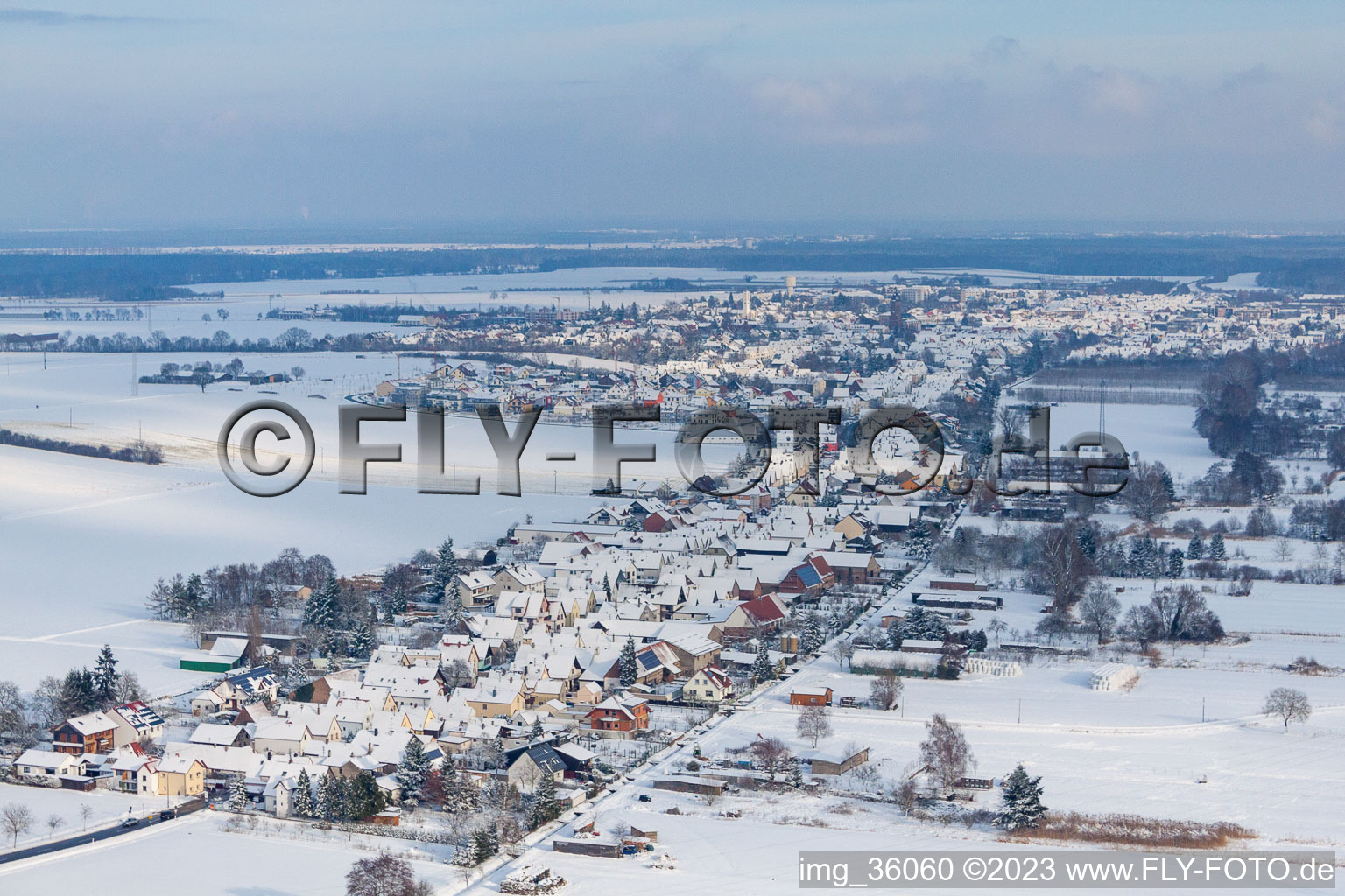 Luftbild von Im Schnee in Minfeld im Bundesland Rheinland-Pfalz, Deutschland