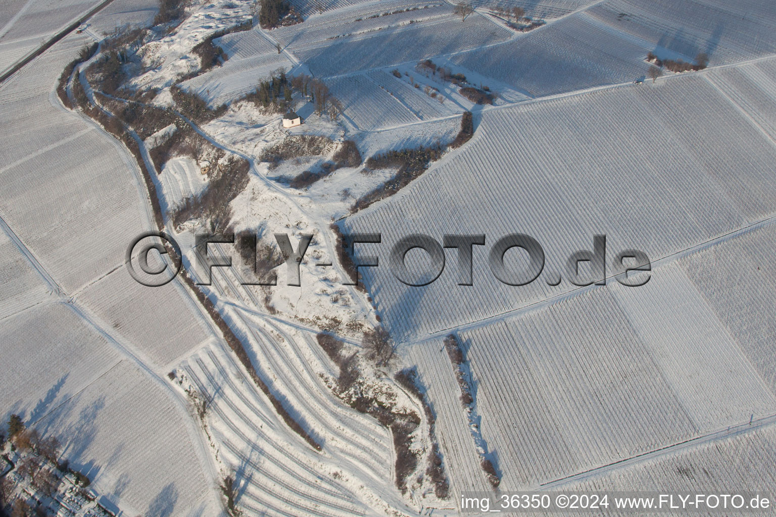 Luftbild von Kleine Kalmit im Winter bei Schnee in Ilbesheim bei Landau in der Pfalz im Bundesland Rheinland-Pfalz, Deutschland