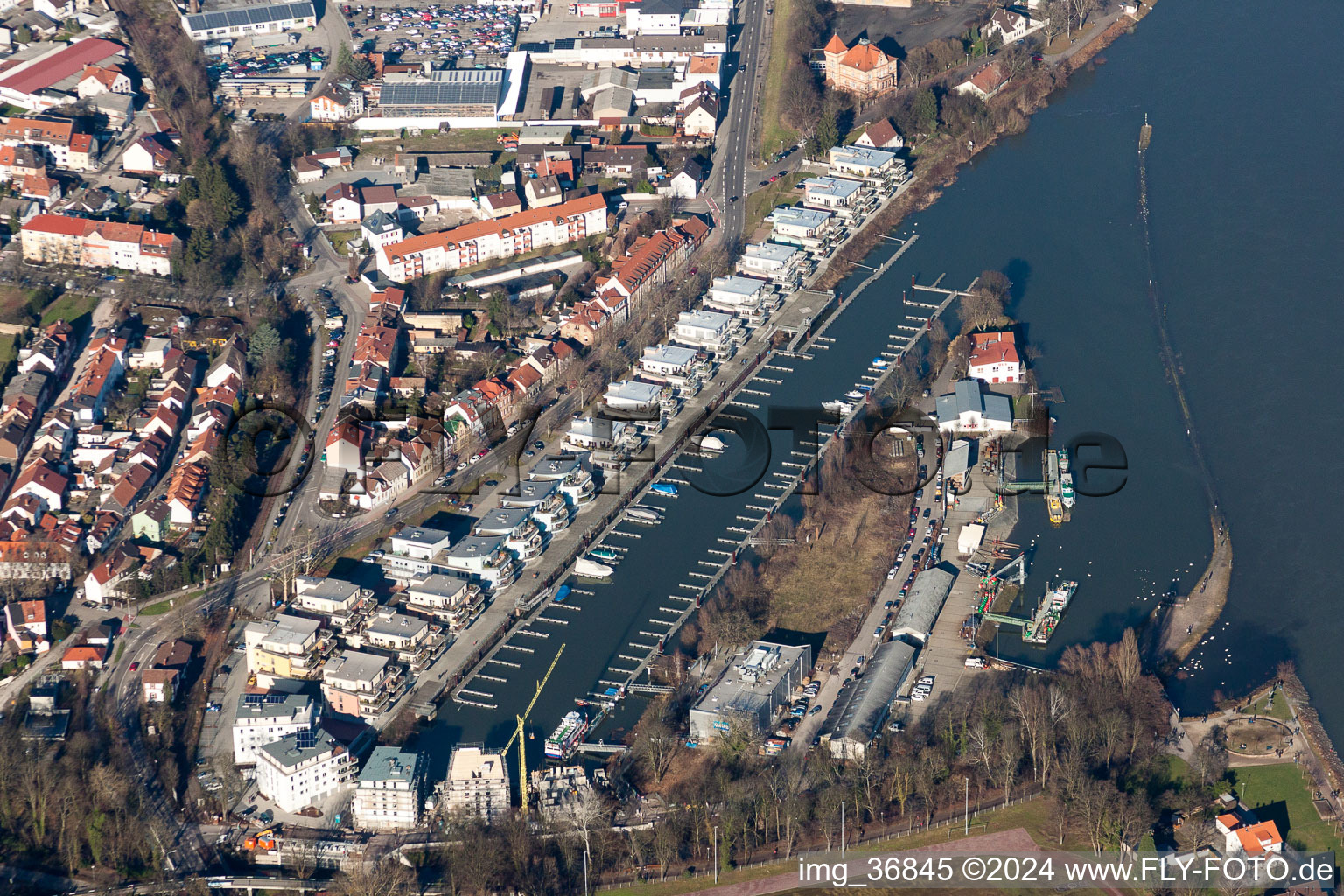 Luftbild von Wohnbebauung am Ufer des ehemaligen Hafenbeckens am Rhein Hafenstraße gegenüber von Sea-Live in Speyer im Bundesland Rheinland-Pfalz, Deutschland