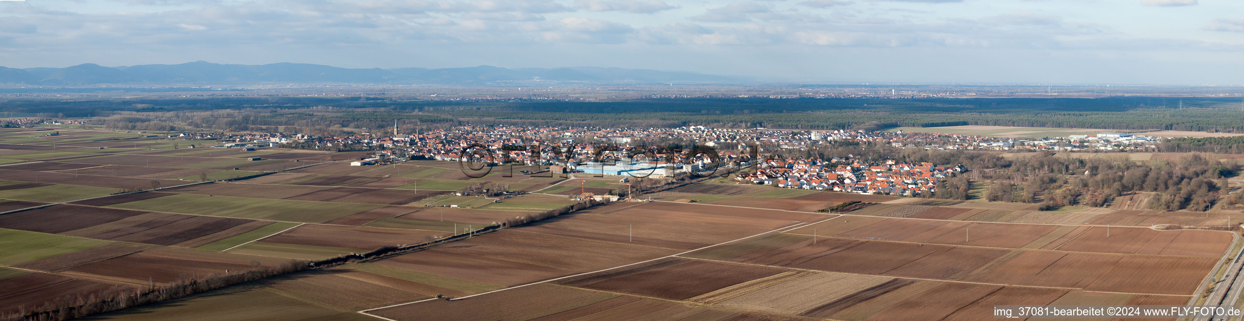 Luftaufnahme von Panorama vom Ortsbereich und der Umgebung in Lustadt im Bundesland Rheinland-Pfalz, Deutschland