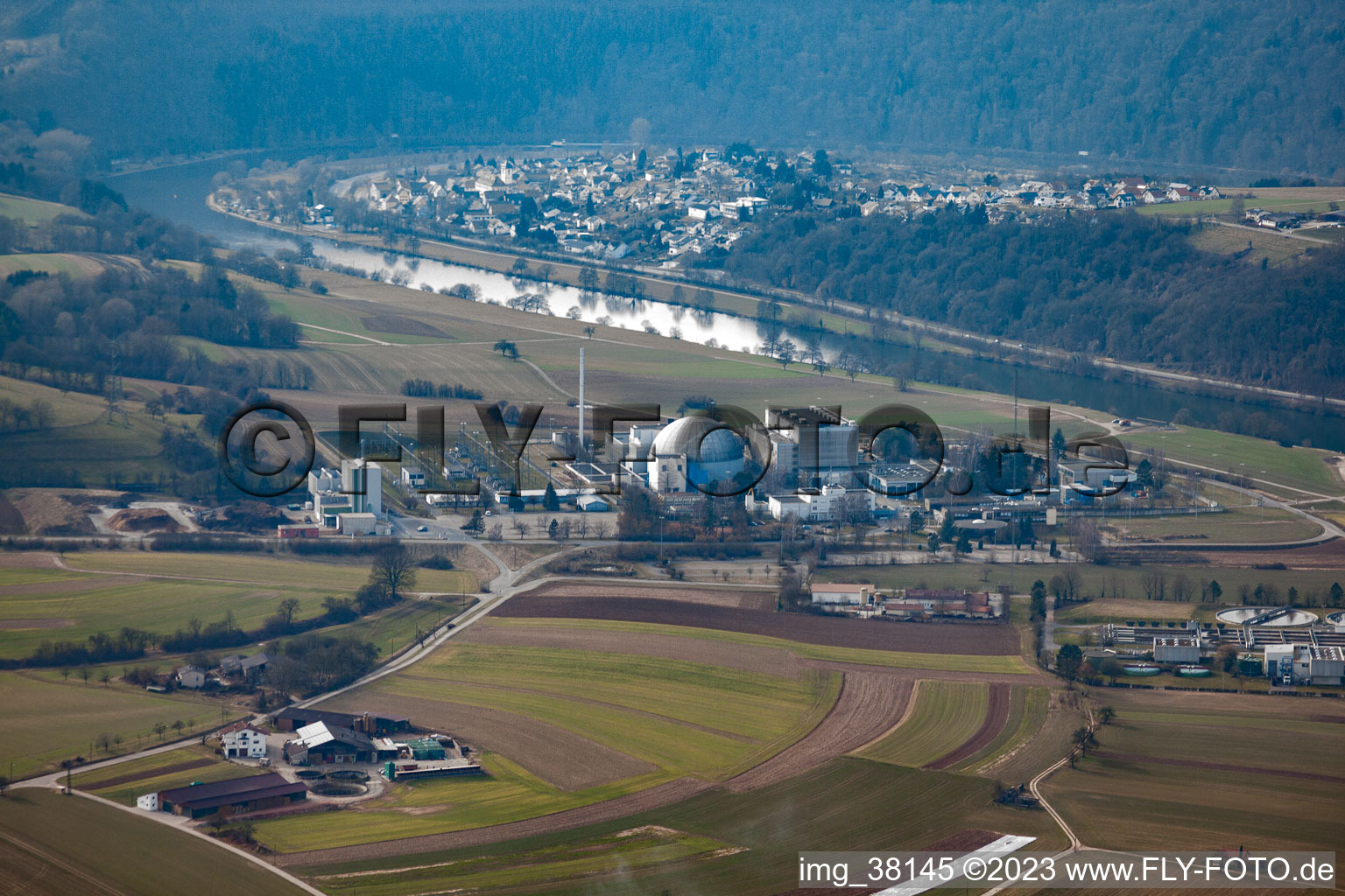 Luftbild von KKW Obrigheim - noch am Netz im Bundesland Baden-Württemberg, Deutschland