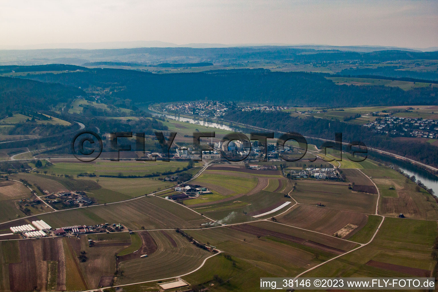 Luftaufnahme von KKW Obrigheim - noch am Netz im Bundesland Baden-Württemberg, Deutschland