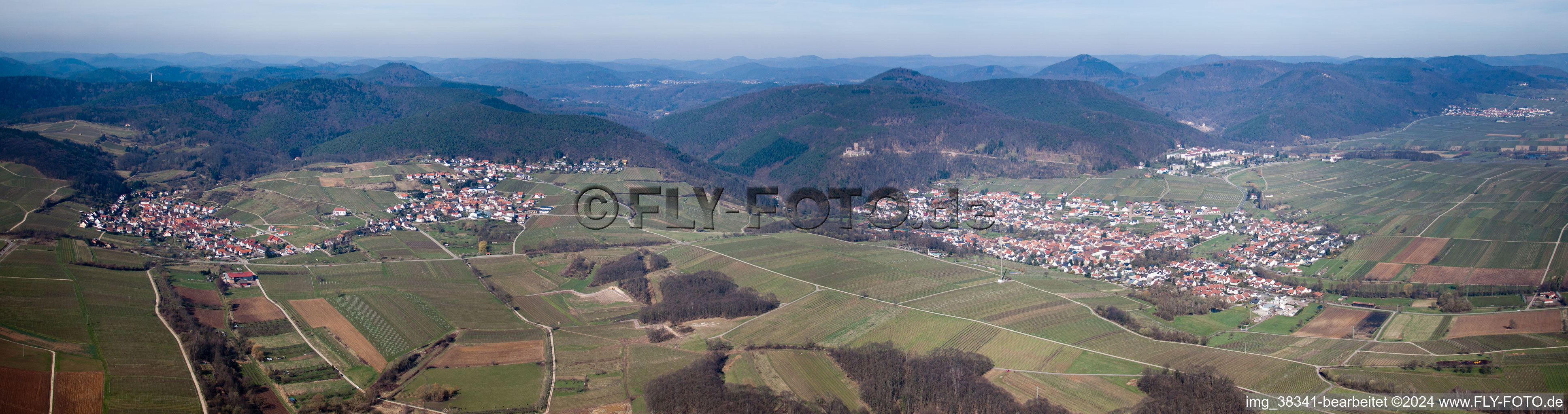 Panorama von Weinberg und Berglandschaft am Haardtrand des Pfälzerwaldes in Klingenmünster im Bundesland Rheinland-Pfalz, Deutschland