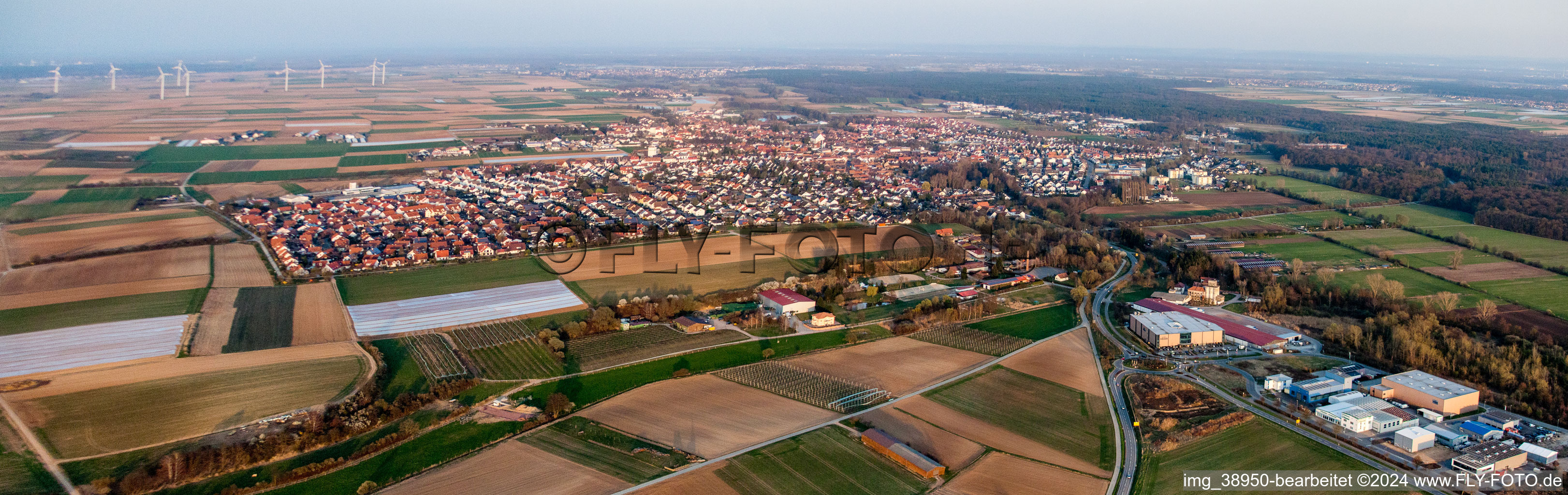 Luftbild von Panorama Perspektive Ortsansicht der Straßen und Häuser der Wohngebiete in Herxheim bei Landau (Pfalz) in Herxheim bei Landau/Pfalz im Bundesland Rheinland-Pfalz, Deutschland
