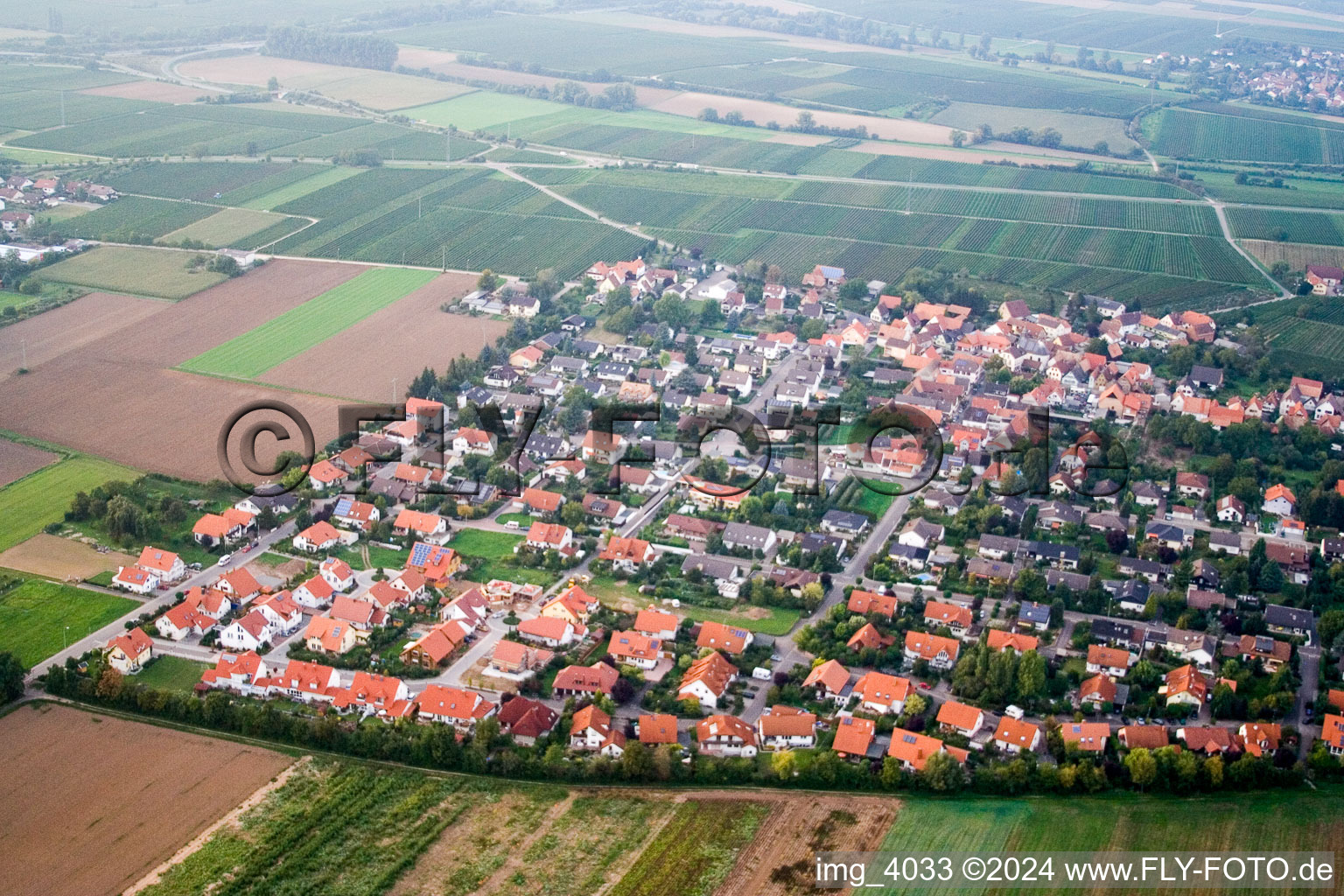 Schrägluftbild von Ortsansicht der Straßen und Häuser der Wohngebiete in Bornheim im Bundesland Rheinland-Pfalz, Deutschland
