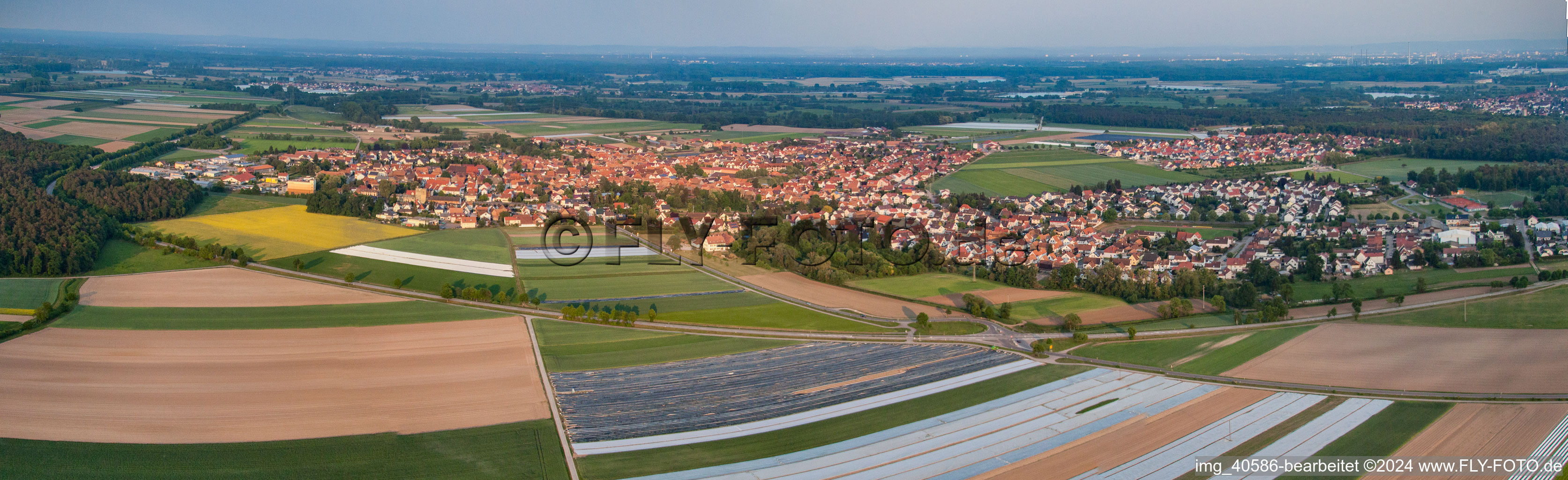 Panorama Perspektive der Dorf - Ansicht am Rande von landwirtschaftlichen Feldern und Nutzflächen in Rheinzabern im Bundesland Rheinland-Pfalz, Deutschland