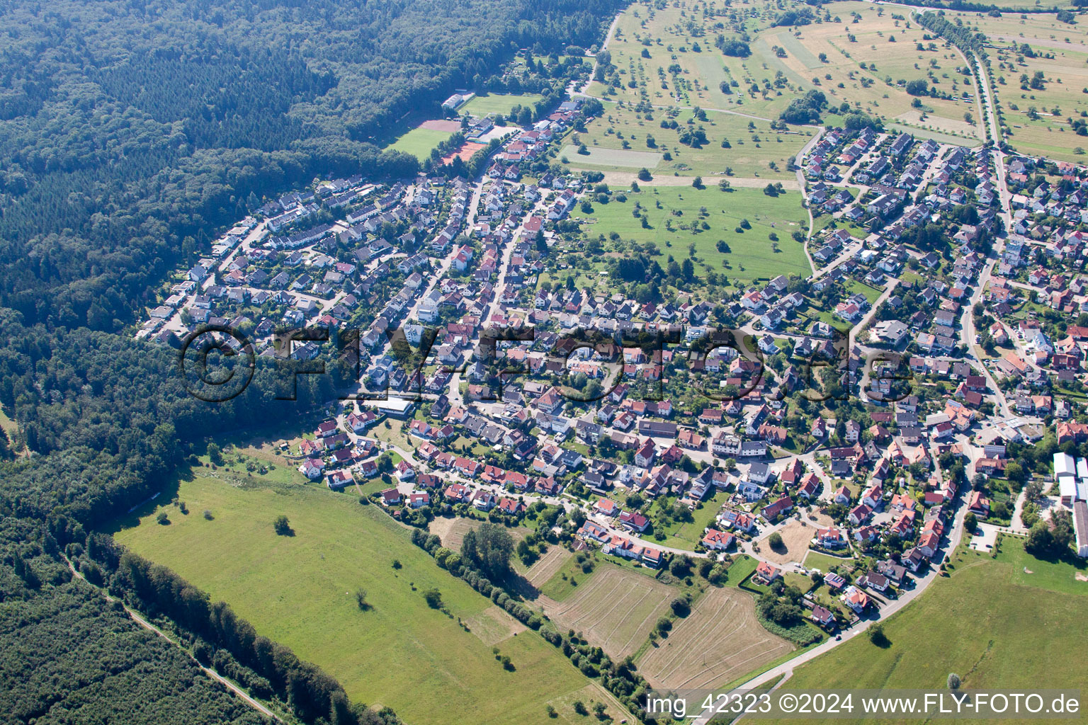 Ortsteil Schöllbronn in Ettlingen im Bundesland Baden-Württemberg, Deutschland aus der Vogelperspektive