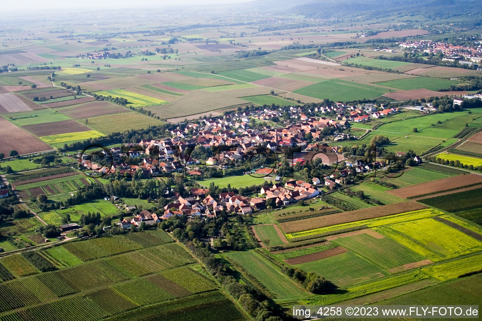 Ortsteil Drusweiler in Kapellen-Drusweiler im Bundesland Rheinland-Pfalz, Deutschland aus der Drohnenperspektive