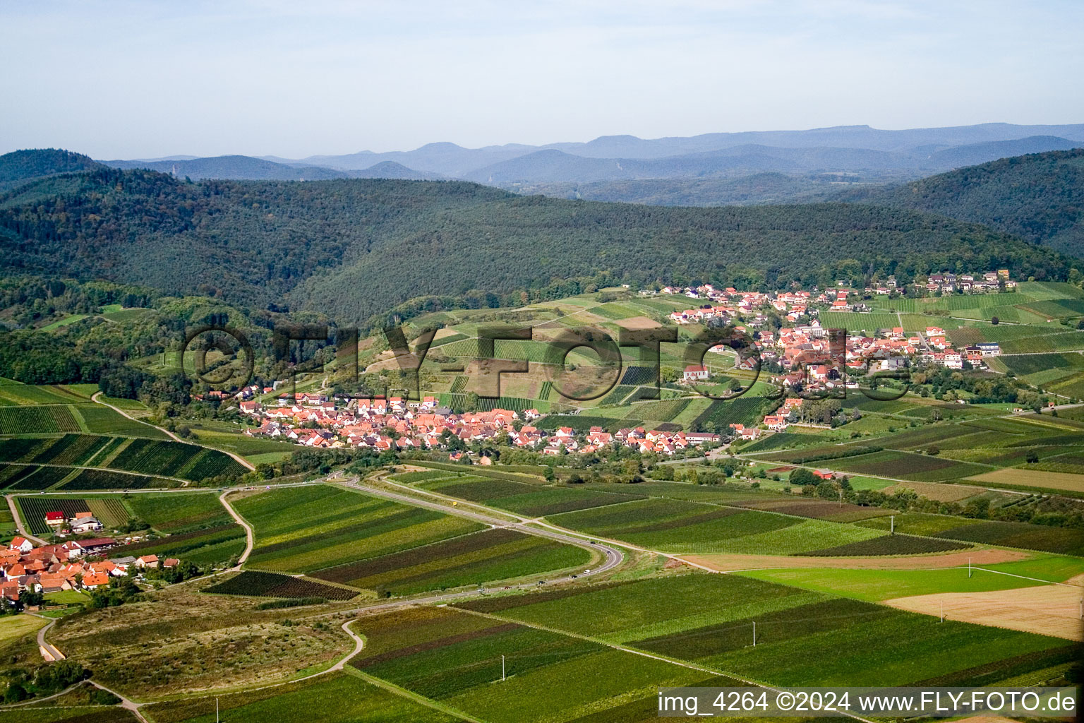 Luftaufnahme von Dorf - Ansicht am Rande von landwirtschaftlichen Feldern und Nutzflächen in Gleiszellen-Gleishorbach im Bundesland Rheinland-Pfalz, Deutschland