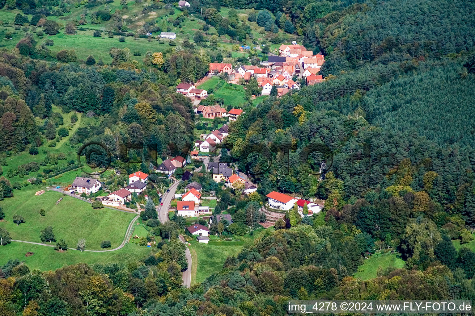Dorf - Ansicht am Rande von landwirtschaftlichen Feldern und Nutzflächen im Pfälzerwald im Ortsteil Blankenborn in Bad Bergzabern im Bundesland Rheinland-Pfalz, Deutschland
