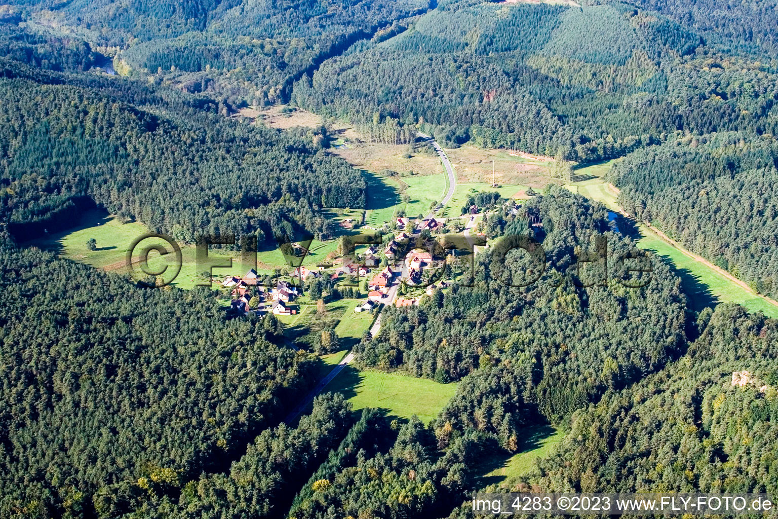 Erlenbach bei Dahn im Bundesland Rheinland-Pfalz, Deutschland aus der Drohnenperspektive