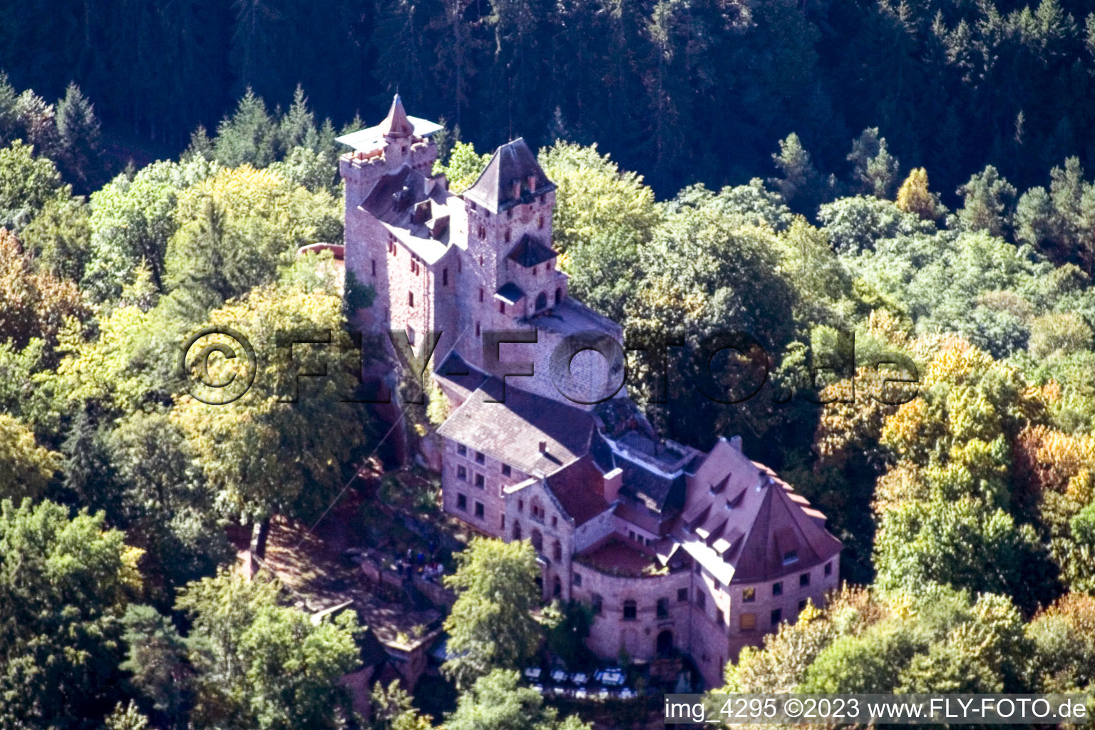 Erlenbach bei Dahn, Burg Berwartstein im Bundesland Rheinland-Pfalz, Deutschland aus der Luft
