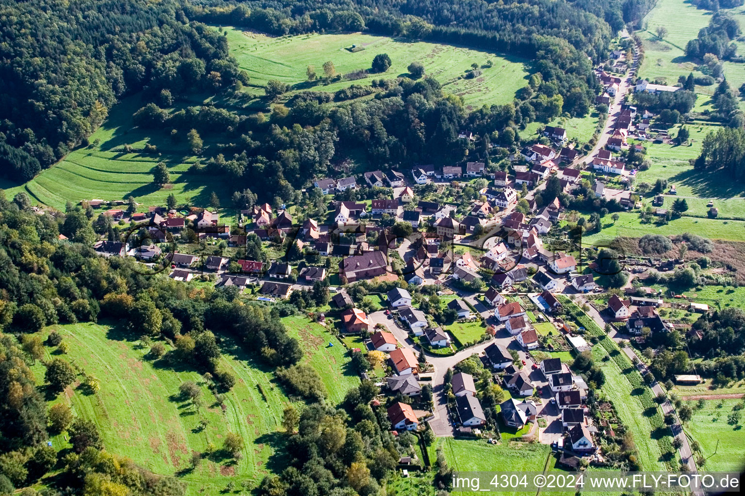 Luftaufnahme von Dorf - Ansicht am Rande von landwirtschaftlichen Feldern und Nutzflächen in Niederschlettenbach im Bundesland Rheinland-Pfalz, Deutschland