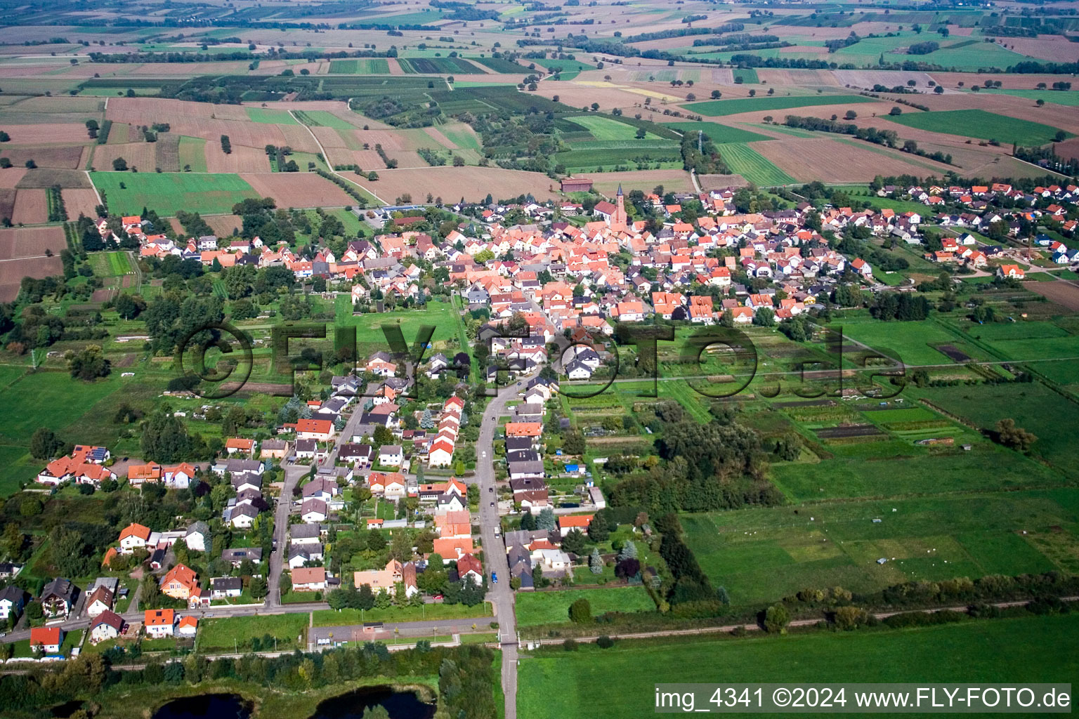Dorf - Ansicht am Rande von landwirtschaftlichen Feldern und Nutzflächen in Kapsweyer im Bundesland Rheinland-Pfalz, Deutschland