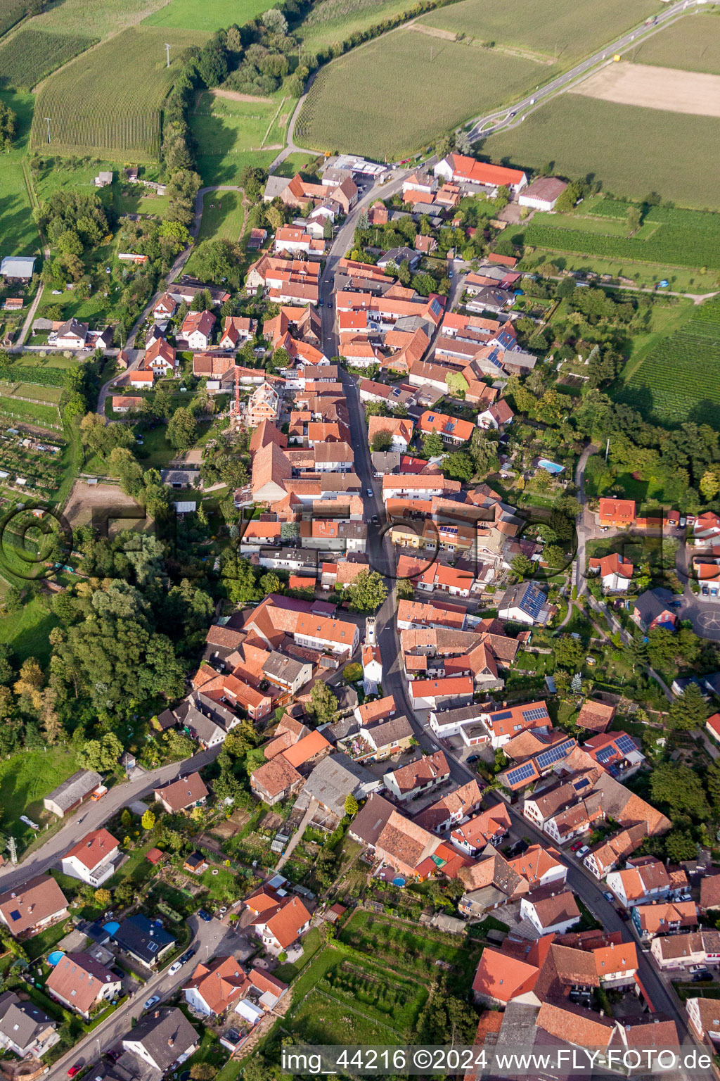Luftbild von Dorf - Ansicht am Rande von landwirtschaftlichen Feldern und Nutzflächen in Oberhausen im Bundesland Rheinland-Pfalz, Deutschland